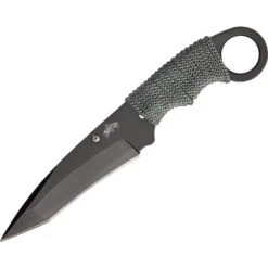 China Made 4237 Neck Fixed Black Finish Stainless Blade Knife With Gray Nylon Cord Wrapped Handle